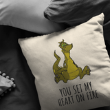 Cute Dragon Throw Pillow - Romantic Boyfriend or Girlfriend Gift - You Set My Heart On Fire - Valentine or Birthday Present