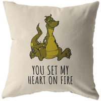 Cute Dragon Throw Pillow - Romantic Boyfriend or Girlfriend Gift - You Set My Heart On Fire - Valentine or Birthday Present