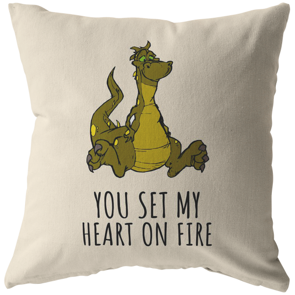 Cute Dragon Throw Pillow - Romantic Boyfriend or Girlfriend Gift - You Set My Heart On Fire - Valentine or Birthday Present