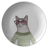 Funny Cat Plate - Gift for Weird Cat Lovers - Funky Cat in Sweater and Glasses - Cat Art Dinner Plate
