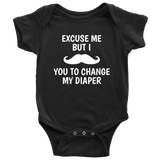 Funny Mustache Baby Bodysuit - Funny Baby One-piece - Change My Diaper - Baby Shower or First Birthday - Many Sizes And Colors Available