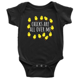 Funny Baby One-piece - Chicken Farmer Baby Bodysuit - Chicks Are All Over Me - Baby Shower, First Birthday Gift - Many Sizes and Colors