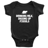 Cute Paleontologist Baby One-piece - Dinosaur Baby Shirt - Fossil Hunter Baby - Drinking Milk Digging Up Fossils - Many Sizes And Colors