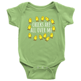 Funny Baby One-piece - Chicken Farmer Baby Bodysuit - Chicks Are All Over Me - Baby Shower, First Birthday Gift - Many Sizes and Colors