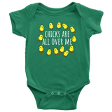 Funny Baby One-piece - Chicken Farmer Baby Bodysuit - Chicks Are All Over Me - Baby Shower, First Birthday Gift - Many Sizes and Colors