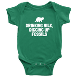 Cute Paleontologist Baby One-piece - Dinosaur Baby Shirt - Fossil Hunter Baby - Drinking Milk Digging Up Fossils - Many Sizes And Colors