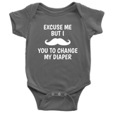 Funny Mustache Baby Bodysuit - Funny Baby One-piece - Change My Diaper - Baby Shower or First Birthday - Many Sizes And Colors Available
