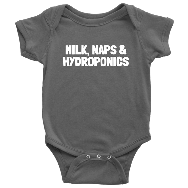 Cute Baby One-piece - Hydroponics Baby Shirt - Milk, Naps & Hydroponics - Many Sizes And Colors - Baby Gift Idea