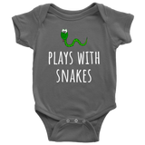 Cute Baby One-piece - Infant Bodysuit - Herpetology Baby Shirt - Plays With Snakes - Newborn Trough 24 Months Sizes - Many Colors Available