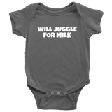 Funny Baby One-piece - Juggling Baby Shirt - Baby Juggler Bodysuit - Will Juggle for Milk - Many Sizes And Colors - All Cotton - Baby Shower