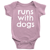 Dog Lover Baby Shirt - Animal Rescuer Baby One-piece - Runs With Dogs - Dog Adoption - Many Sizes And Colors - All Cotton