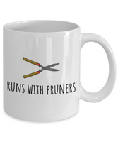 Gardener Gift Idea - Runs With Pruners - Gardening Coffee Mug