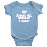 Cute Paleontologist Baby One-piece - Dinosaur Baby Shirt - Fossil Hunter Baby - Drinking Milk Digging Up Fossils - Many Sizes And Colors