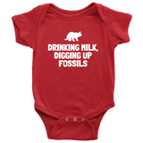 Cute Paleontologist Baby One-piece - Dinosaur Baby Shirt - Fossil Hunter Baby - Drinking Milk Digging Up Fossils - Many Sizes And Colors