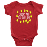 Funny Baby One-piece - Chicken Farmer Baby Bodysuit - Chicks Are All Over Me - Baby Shower, First Birthday Gift - Many Sizes and Colors