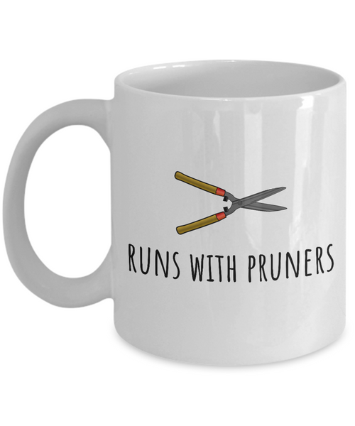 Gardener Gift Idea - Runs With Pruners - Gardening Coffee Mug