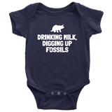 Cute Paleontologist Baby One-piece - Dinosaur Baby Shirt - Fossil Hunter Baby - Drinking Milk Digging Up Fossils - Many Sizes And Colors