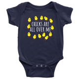Funny Baby One-piece - Chicken Farmer Baby Bodysuit - Chicks Are All Over Me - Baby Shower, First Birthday Gift - Many Sizes and Colors